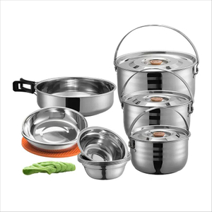 Stainless Steel Outdoor Camping Nesting Mess Kit Cookware Set Pots Pans